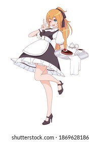 Niña animada de manga vestida de sirvienta. Camarera con una bandeja de caramelos. Ilustración del vector