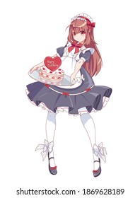 Anime manga girl dressed as a maid. A waitress with a tray holds a birthday cake. Vector illustration