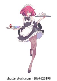 Niña animada de manga vestida de sirvienta. Camarera con una bandeja de caramelos. Ilustración del vector