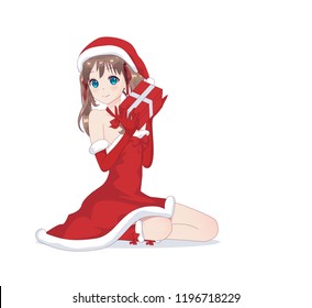 Anime manga girl dressed in Santa Claus costume. Portrait of beautiful Japanese Asian woman holding box with gift. Isolated white background