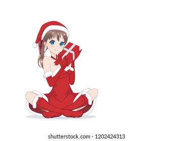 Anime manga girl dressed in Santa Claus costume. Portrait of beautiful Japanese Asian woman holding box with gift. Isolated white background