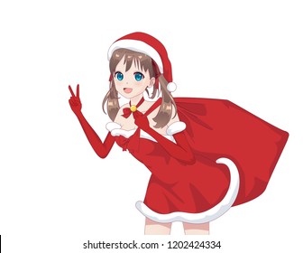 Anime manga girl dressed in Santa Claus costume. Portrait of beautiful Japanese Asian woman holding bag with gift. Isolated white background