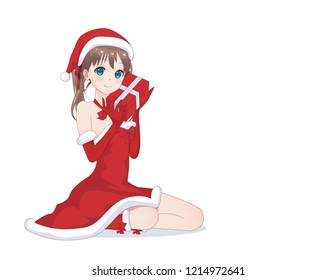 Anime manga girl dressed in Santa Claus costume. Portrait of beautiful Japanese Asian woman holding box with gift. Isolated white background