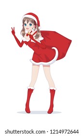 Anime manga girl dressed in Santa Claus costume. Portrait of beautiful Japanese Asian woman holding bag with gift. Isolated white background