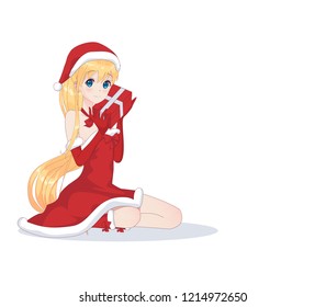 Anime manga girl dressed in Santa Claus costume. Portrait of beautiful Japanese Asian woman holding box with gift. Isolated white background