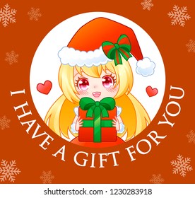 Anime manga girl dressed in Santa Claus costume showing product empty copy space on open hand palm. Portrait of beautiful cute Japanese Asian woman.