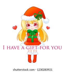 Anime manga girl dressed in Santa Claus costume showing product empty copy space on open hand palm. Portrait of beautiful cute Japanese Asian woman.