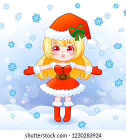 Anime manga girl dressed in Santa Claus costume showing product empty copy space on open hand palm. Portrait of beautiful cute Japanese Asian woman.