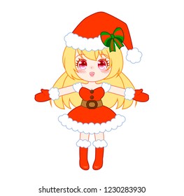 Anime manga girl dressed in Santa Claus costume showing product empty copy space on open hand palm. Portrait of beautiful cute Japanese Asian woman.