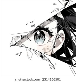 Anime Manga girl eyes looking from paper tear. Drawn anime girl peeps out. Isolated on white background. Vector illustration EPS10