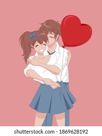 Anime manga girl and guy hugging. A couple in love holds a heart-shaped balloon. Vector illustration. Valentines day card