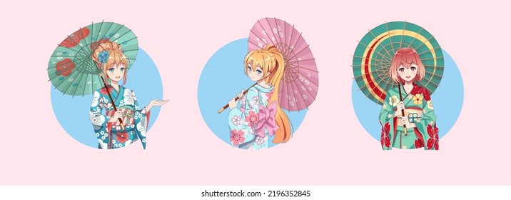 Anime Manga Mädchen in Kimono und Regenschirm. Runde Symbole