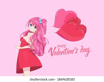 Anime manga girl in a light dress holds heart-shaped balloons. Valentines day card. Vector illustration