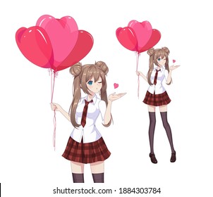 Anime manga girl in a red skirt and white blouse are holding heart-shaped balloons. Vector illustration