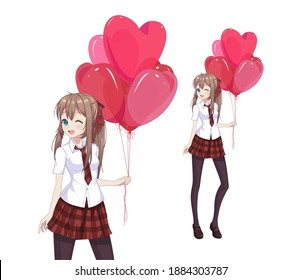 Anime manga girl in a red skirt and white blouse are holding heart-shaped balloons. Vector illustration