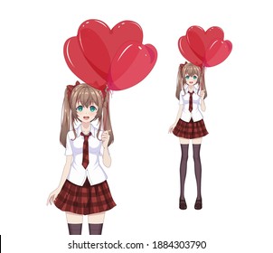 Anime manga girl in a red skirt and white blouse are holding heart-shaped balloons. Vector illustration