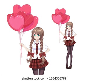 Anime manga girl in a red skirt and white blouse are holding heart-shaped balloons. Vector illustration