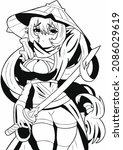 Anime manga girl samurai she has long light blond hair blue eyes on her head a hat, in her hands she holds a katana line style manga vector	