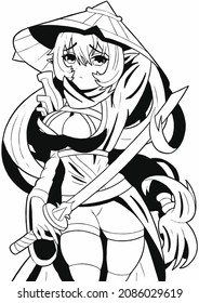 Anime manga girl samurai she has long light blond hair blue eyes on her head a hat, in her hands she holds a katana line style manga vector	