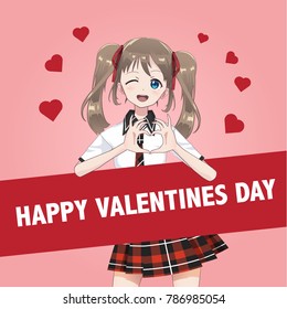 Anime Manga girl schoolgirl in a red skirt and blouse holding hands in the shape of a heart. Asian woman in love. cartoon style. Valentine's day gift card