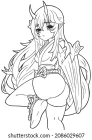 Anime manga girl a sorceress in a Japanese kimono short shorts on a belt with a thick rope she has long purple hair and a cute look picture is made with lines	