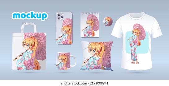 Anime Manga girl in traditional kimono. Identity branding mockup set top view. Prints on t-shirts, sweatshirts, cell phone cases, bags, souvenirs. Isolated vector illustration on white background