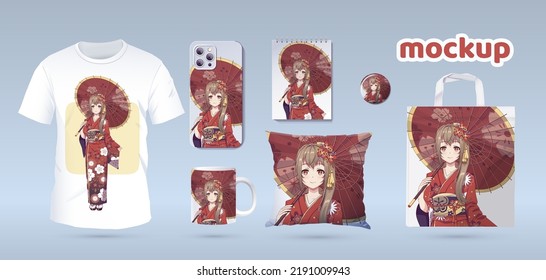 Anime Manga girl in traditional kimono. Identity branding mockup set top view. Prints on t-shirts, sweatshirts, cell phone cases, bags, souvenirs. Isolated vector illustration on white background