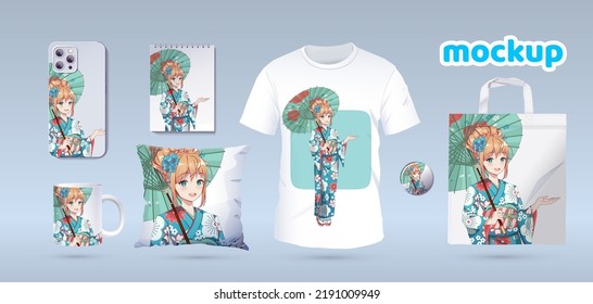 Anime Manga girl in traditional kimono. Identity branding mockup set top view. Prints on t-shirts, sweatshirts, cell phone cases, bags, souvenirs. Isolated vector illustration on white background