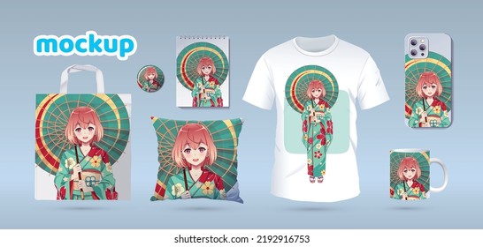 Anime Manga girl in traditional kimono. Identity branding mockup set top view. Prints on t-shirts, sweatshirts, cell phone cases, bags, souvenirs. Isolated vector illustration on white background