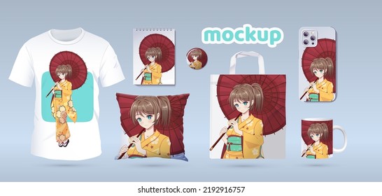 Anime Manga girl in traditional kimono. Identity branding mockup set top view. Prints on t-shirts, sweatshirts, cell phone cases, bags, souvenirs. Isolated vector illustration on white background