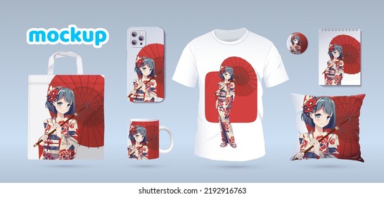 Anime Manga girl in traditional kimono. Identity branding mockup set top view. Prints on t-shirts, sweatshirts, cell phone cases, bags, souvenirs. Isolated vector illustration on white background