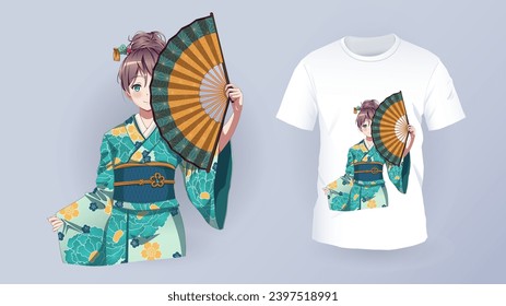 Niña anime manga en kimono tradicional. La vista superior de la maqueta de marca de identidad. Impresiones en camisetas. Ilustración vectorial aislada sobre fondo blanco