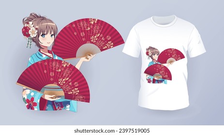 Anime Manga girl in traditional kimono. Identity branding mockup set top view. Prints on t-shirts. Isolated vector illustration on white background