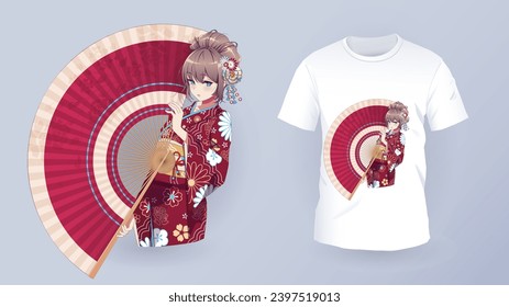 Anime Manga girl in traditional kimono. Identity branding mockup set top view. Prints on t-shirts. Isolated vector illustration on white background