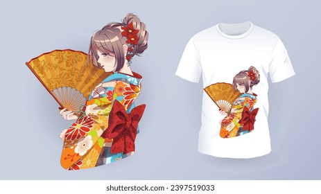 Anime Manga girl in traditional kimono. Identity branding mockup set top view. Prints on t-shirts. Isolated vector illustration on white background