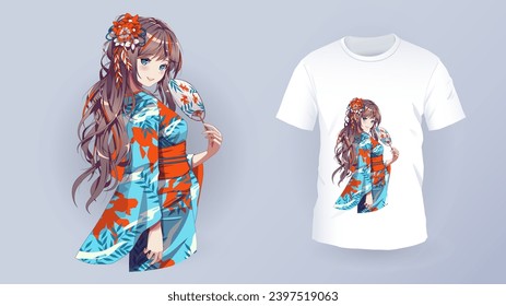 Anime Manga girl in traditional kimono. Identity branding mockup set top view. Prints on t-shirts. Isolated vector illustration on white background