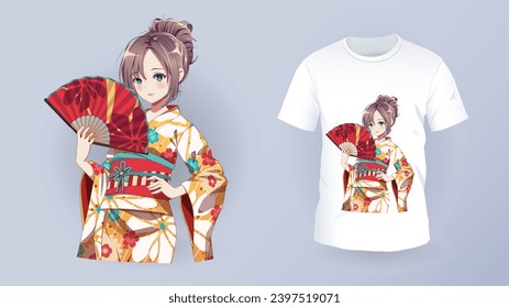 Anime Manga girl in traditional kimono. Identity branding mockup set top view. Prints on t-shirts. Isolated vector illustration on white background