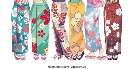 Anime manga girl wearing Japanese kimono. Long legs of group of girls. Vector illustration