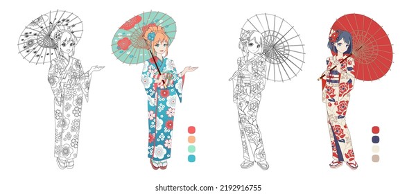 Anime manga girl wearing Japanese kimono. Contour vector illustration for coloring book. Monochrome and colored versions - Shutterstock ID 2192916755