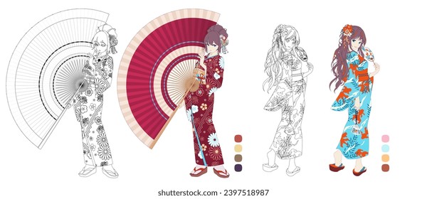 Anime manga girl wearing Japanese kimono. Contour vector illustration for coloring book. Monochrome and colored versions