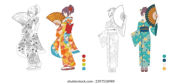 Anime manga girl wearing Japanese kimono. Contour vector illustration for coloring book. Monochrome and colored versions