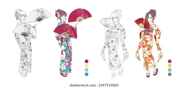 Anime manga girl wearing Japanese kimono. Contour vector illustration for coloring book. Monochrome and colored versions