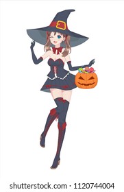 Anime Manga Girl In A Witch Costume With A Big Hat On Her Head And Boots. Holds A Pumpkin Bag With Sweets In His Hand. Happy Halloween