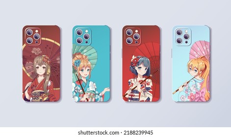 Anime Manga Girls In Kimono. Design For Case And Cover Phone