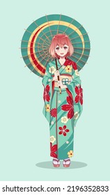 Anime manga girls in kimono holding paper umbrella