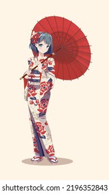 Anime manga girls in kimono holding paper umbrella