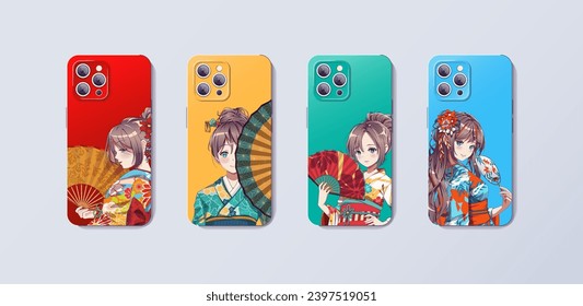 Anime manga girls in kimono and paper fan. Phone case design with colored print. Concept design for case and cover smartphone. Vector Illustration