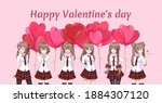 Anime manga girls in a red skirt and white blouse are holding heart-shaped balloons. Vector illustration. Valentine's day card