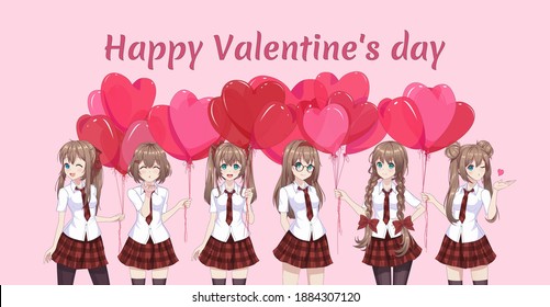 Anime manga girls in a red skirt and white blouse are holding heart-shaped balloons. Vector illustration. Valentine's day card