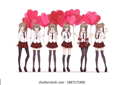 Anime manga girls in a red skirt and white blouse are holding heart-shaped balloons. Vector illustration